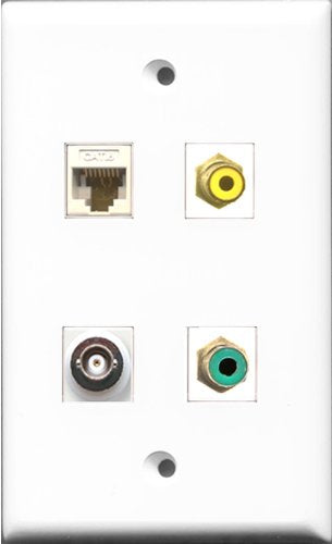 RiteAV 1 Port RCA Yellow and 1 Port RCA Green and 1 Port BNC and 1 Port Cat6 Ethernet White Wall Plate