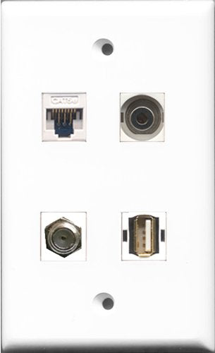 RiteAV - 1 Port Coax Cable TV- F-Type and 1 Port USB A-A and 1 Port 3.5mm and 1 Port Cat5e Ethernet White Wall Plate