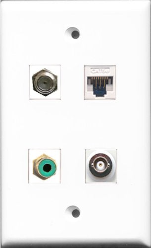 RiteAV 1 Port RCA Green and 1 Port Coax Cable TV- F-Type and 1 Port BNC and 1 Port Cat5e Ethernet White Wall Plate