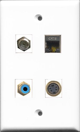 RiteAV 1 Port RCA Blue and 1 Port Coax Cable TV- F-Type and 1 Port S-Video and 1 Port Shielded Cat6 Ethernet Wall Plate