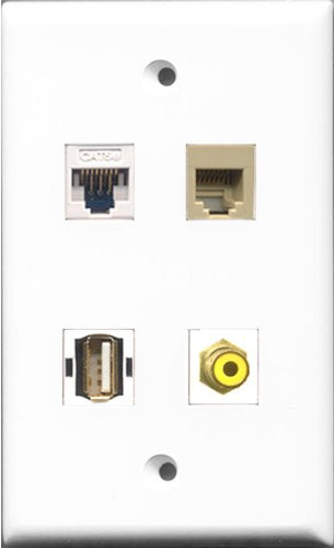 RiteAV 1 Port RCA Yellow and 1 Port USB A-A and 1 Port Phone RJ11 RJ12 Beige and 1 Port Cat5e Ethernet White Wall Plate