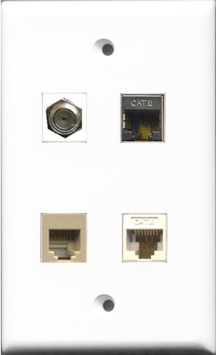 RiteAV 1 Port Coax Cable TV- F-Type and 1 Port Phone RJ11 RJ12 Beige and 1 Port Shielded Cat6 Ethernet and 1 Port Cat6 Ethernet White Wall Plate