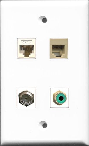 RiteAV 1 Port RCA Green and 1 Port Coax Cable TV- F-Type and 1 Port Phone RJ11 RJ12 Beige and 1 Port Cat6 Ethernet White Wall Plate