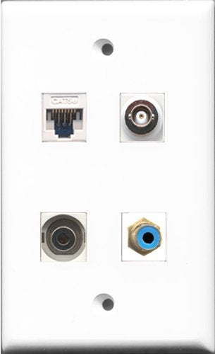 RiteAV - 1 Port RCA Blue and 1 Port 3.5mm and 1 Port BNC and 1 Port Cat5e Ethernet White Wall Plate