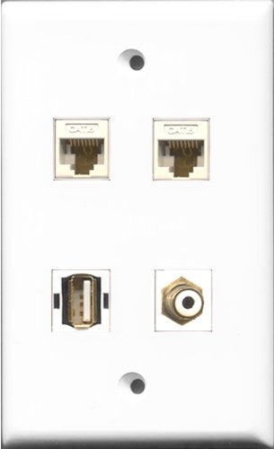 RiteAV 1 Port RCA White and 1 Port USB A-A 2 Port Cat6 Ethernet White Wall Plate