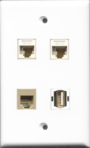 RiteAV 1 Port USB A-A and 1 Port Phone RJ11 RJ12 Beige 2 Port Cat6 Ethernet White Wall Plate