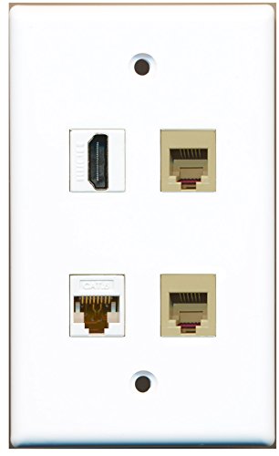 RiteAV - 1 Port HDMI 2 Port Phone RJ11 RJ12 Beige 1 Port Cat6 Ethernet White Wall Plate