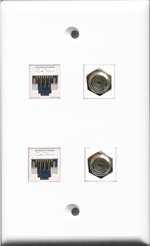 RiteAV - 2 Port Coax Cable TV- F-Type 2 Port Cat5e Ethernet White Wall Plate