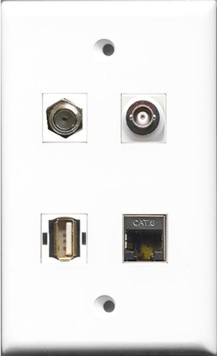 RiteAV 1 Port Coax Cable TV- F-Type and 1 Port USB A-A and 1 Port Shielded Cat6 Ethernet and 1 Port BNC Wall Plate