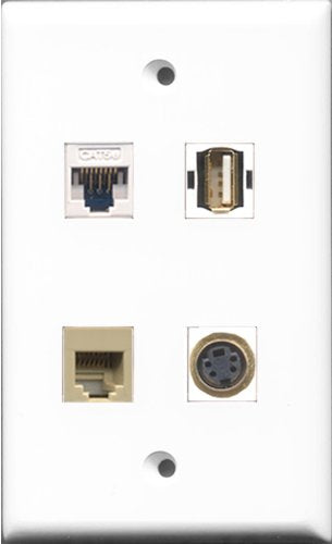 RiteAV 1 Port USB A-A and 1 Port Phone RJ11 RJ12 Beige and 1 Port S-Video and 1 Port Cat5e Ethernet White Wall Plate