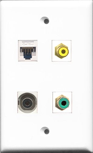 RiteAV 1 Port RCA Yellow and 1 Port RCA Green and 1 Port 3.5mm and 1 Port Cat5e Ethernet White Wall Plate