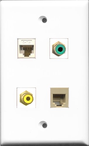 RiteAV 1 Port RCA Yellow and 1 Port RCA Green and 1 Port Phone RJ11 RJ12 Beige and 1 Port Cat6 Ethernet White Wall Plate