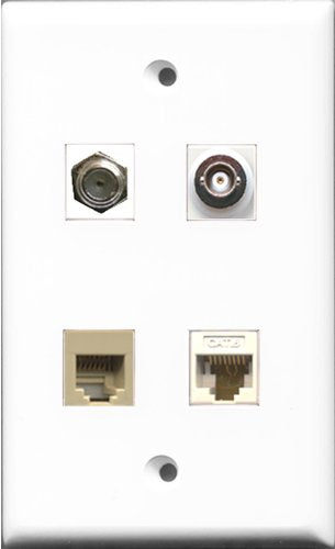 RiteAV 1 Port Coax Cable TV- F-Type and 1 Port Phone RJ11 RJ12 Beige and 1 Port BNC and 1 Port Cat6 Ethernet White Wall Plate
