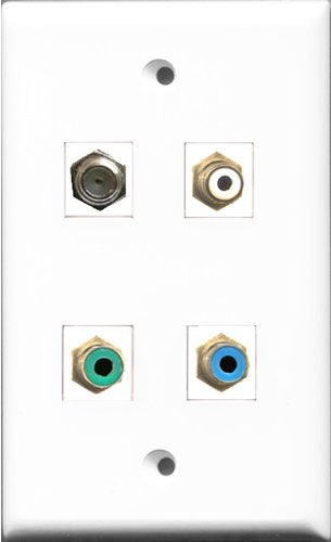 RiteAV 1 Port RCA White and 1 Port RCA Green and 1 Port RCA Blue and 1 Port Coax Cable TV- F-Type Wall Plate