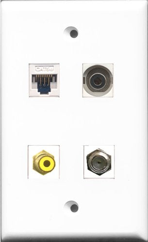 RiteAV - 1 Port RCA Yellow and 1 Port Coax Cable TV- F-Type and 1 Port 3.5mm and 1 Port Cat5e Ethernet White Wall Plate