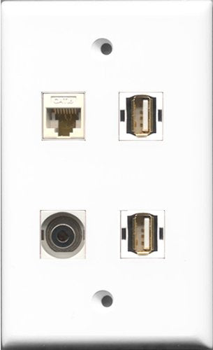 RiteAV - 2 Port USB A-A and 1 Port 3.5mm and 1 Port Cat6 Ethernet White Wall Plate