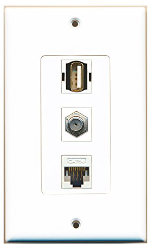RiteAV - 1 Port Coax Cable TV- F-Type and 1 Port USB A-A and 1 Port Cat5e Ethernet White Decorative Wall Plate Decorative