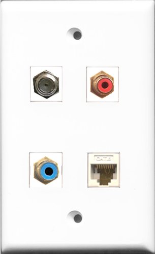 RiteAV 1 Port RCA Red and 1 Port RCA Blue and 1 Port Coax Cable TV- F-Type and 1 Port Cat6 Ethernet White Wall Plate