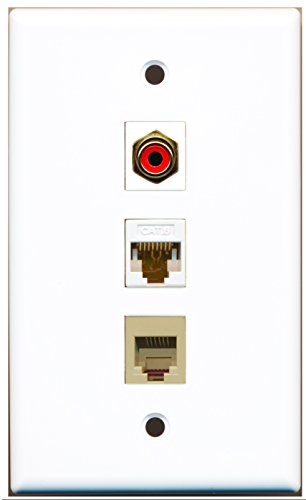 RiteAV - 1 Port RCA Red and 1 Port Phone RJ11 RJ12 Beige and 1 Port Cat6 Ethernet White Wall Plate