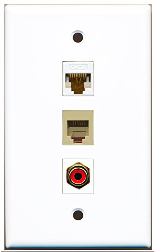 RiteAV - 1 Port RCA Red and 1 Port Phone RJ11 RJ12 Beige and 1 Port Cat6 Ethernet White Wall Plate