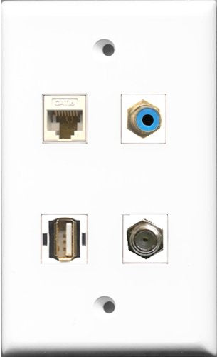 RiteAV 1 Port RCA Blue and 1 Port Coax Cable TV- F-Type and 1 Port USB A-A and 1 Port Cat6 Ethernet White Wall Plate