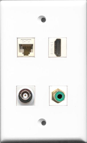 RiteAV 1 Port HDMI and 1 Port RCA Green and 1 Port BNC and 1 Port Cat6 Ethernet White Wall Plate