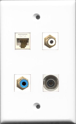 RiteAV 1 Port RCA White and 1 Port RCA Blue and 1 Port 3.5mm and 1 Port Cat6 Ethernet White Wall Plate