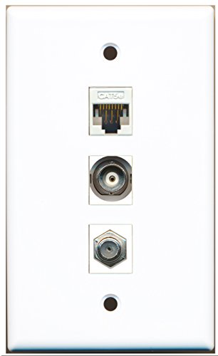 RiteAV - 1 Port Coax Cable TV- F-Type and 1 Port BNC and 1 Port Cat5e Ethernet White Wall Plate