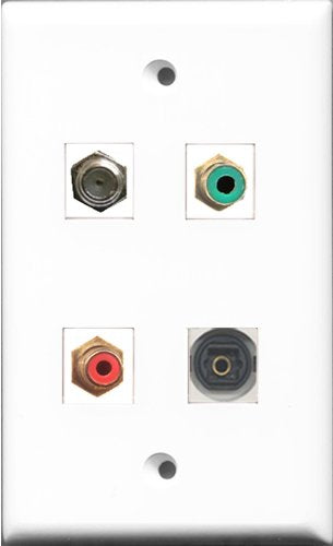 RiteAV 1 Port RCA Red and 1 Port RCA Green and 1 Port Coax Cable TV- F-Type and 1 Port Toslink Wall Plate