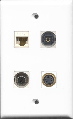 RiteAV 1 Port S-Video and 1 Port Toslink and 1 Port 3.5mm and 1 Port Cat6 Ethernet White Wall Plate