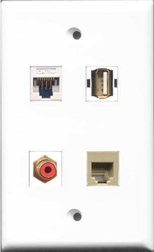 RiteAV 1 Port RCA Red and 1 Port USB A-A and 1 Port Phone RJ11 RJ12 Beige and 1 Port Cat5e Ethernet White Wall Plate