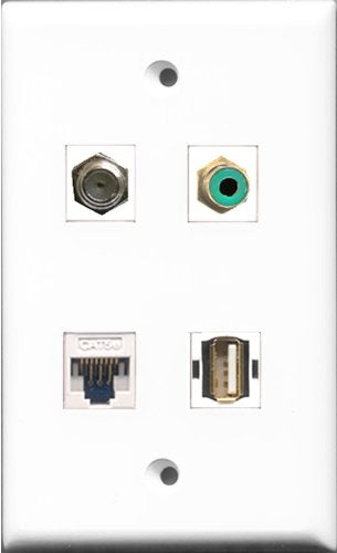 RiteAV 1 Port RCA Green and 1 Port Coax Cable TV- F-Type and 1 Port USB A-A and 1 Port Cat5e Ethernet White Wall Plate