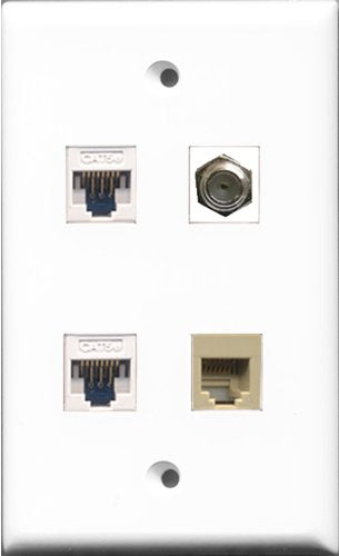 RiteAV - 1 Port Coax Cable TV- F-Type and 1 Port Phone RJ11 RJ12 Beige 2 Port Cat5e Ethernet White Wall Plate