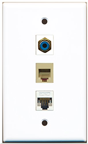 RiteAV - 1 Port RCA Blue and 1 Port Phone RJ11 RJ12 Beige and 1 Port Cat5e Ethernet White Wall Plate
