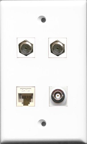 RiteAV - 2 Port Coax Cable TV- F-Type and 1 Port BNC and 1 Port Cat6 Ethernet White Wall Plate