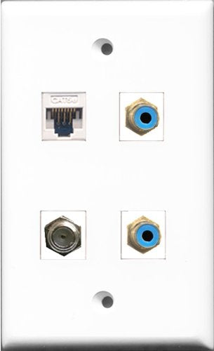 RiteAV - 2 Port RCA Blue and 1 Port Coax Cable TV- F-Type and 1 Port Cat5e Ethernet White Wall Plate