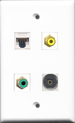 RiteAV 1 Port RCA Yellow and 1 Port RCA Green and 1 Port Toslink and 1 Port Cat5e Ethernet White Wall Plate