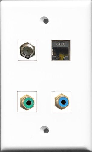 RiteAV 1 Port RCA Green and 1 Port RCA Blue and 1 Port Coax Cable TV- F-Type and 1 Port Shielded Cat6 Ethernet Wall Plate