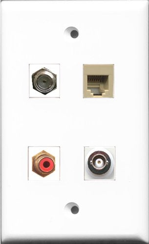 RiteAV 1 Port RCA Red and 1 Port Coax Cable TV- F-Type and 1 Port Phone RJ11 RJ12 Beige and 1 Port BNC Wall Plate