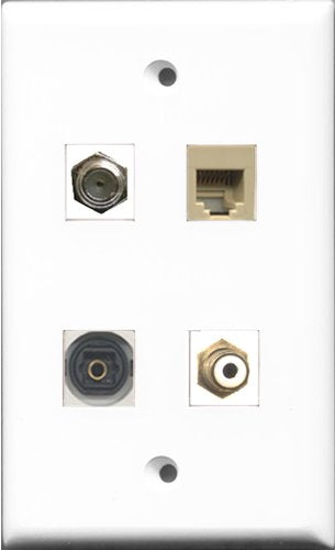 RiteAV 1 Port RCA White and 1 Port Coax Cable TV- F-Type and 1 Port Phone RJ11 RJ12 Beige and 1 Port Toslink Wall Plate