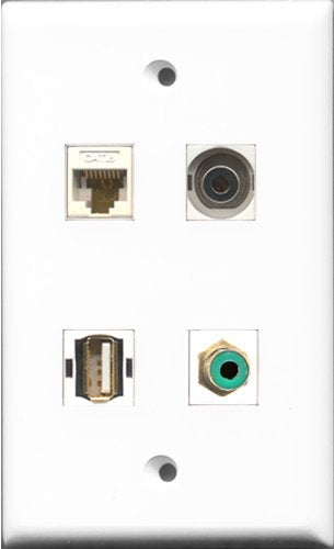 RiteAV 1 Port RCA Green and 1 Port USB A-A and 1 Port 3.5mm and 1 Port Cat6 Ethernet White Wall Plate