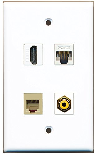 RiteAV - 1 Port HDMI 1 Port RCA Yellow 1 Port Phone RJ11 RJ12 Beige 1 Port Cat5e Ethernet White Wall Plate