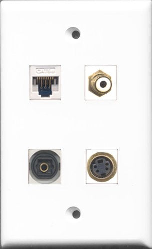 RiteAV 1 Port RCA White and 1 Port S-Video and 1 Port Toslink and 1 Port Cat5e Ethernet White Wall Plate