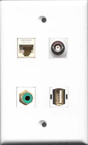 RiteAV 1 Port RCA Green and 1 Port USB A-A and 1 Port BNC and 1 Port Cat6 Ethernet White Wall Plate