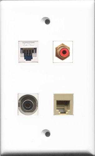 RiteAV 1 Port RCA Red and 1 Port Phone RJ11 RJ12 Beige and 1 Port 3.5mm and 1 Port Cat5e Ethernet White Wall Plate