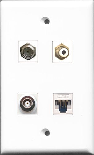RiteAV 1 Port RCA White and 1 Port Coax Cable TV- F-Type and 1 Port BNC and 1 Port Cat5e Ethernet White Wall Plate