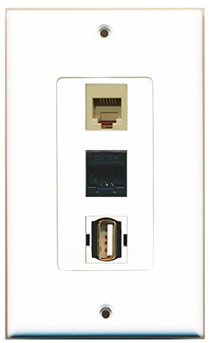 RiteAV - 1 Port USB A-A and 1 Port Phone RJ11 RJ12 Beige and 1 Port Cat5e Ethernet Black Wall Plate Decorative
