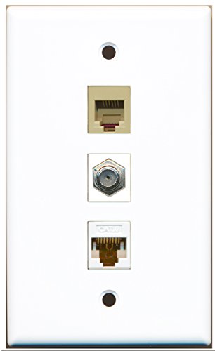 RiteAV - 1 Port Coax Cable TV- F-Type and 1 Port Phone RJ11 RJ12 Beige and 1 Port Cat6 Ethernet White Wall Plate