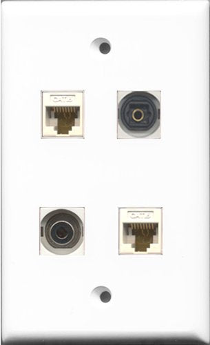 RiteAV 1 Port Toslink and 1 Port 3.5mm 2 Port Cat6 Ethernet White Wall Plate