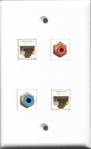 RiteAV 1 Port RCA Red and 1 Port RCA Blue 2 Port Cat6 Ethernet White Wall Plate